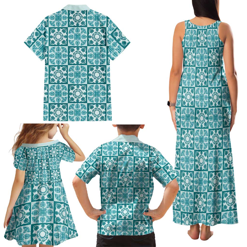 Cyan Palaka Quilt Hawaii Family Matching Tank Maxi Dress and Hawaiian Shirt Hawaiian Tropical Monstera Sea Turtle LT14 - Polynesian Pride