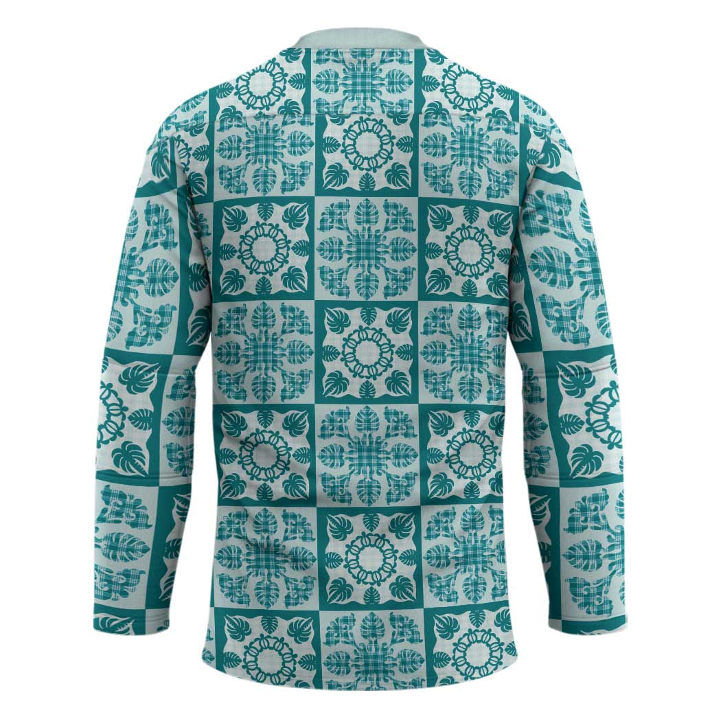 Cyan Palaka Quilt Hawaii Hockey Jersey Hawaiian Tropical Monstera Sea Turtle