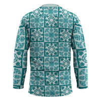 Cyan Palaka Quilt Hawaii Hockey Jersey Hawaiian Tropical Monstera Sea Turtle
