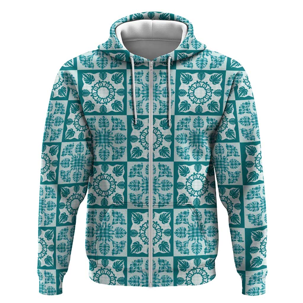 Cyan Palaka Quilt Hawaii Hoodie Hawaiian Tropical Monstera Sea Turtle