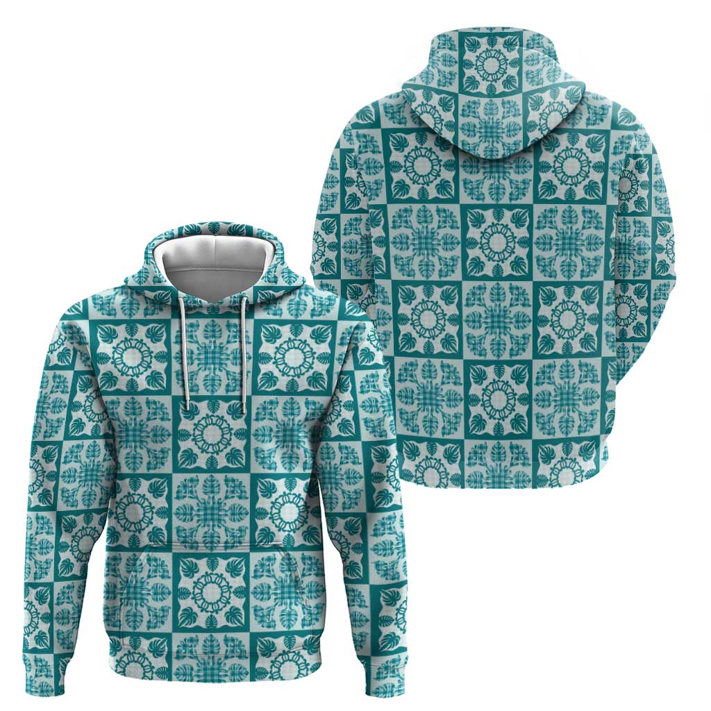Cyan Palaka Quilt Hawaii Hoodie Hawaiian Tropical Monstera Sea Turtle