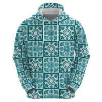 Cyan Palaka Quilt Hawaii Hoodie Hawaiian Tropical Monstera Sea Turtle