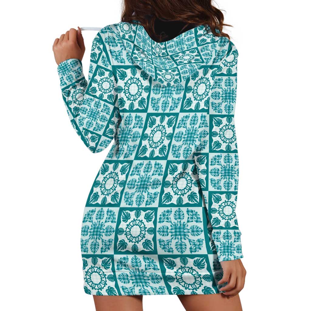 Cyan Palaka Quilt Hawaii Hoodie Dress Hawaiian Tropical Monstera Sea Turtle LT14 - Polynesian Pride