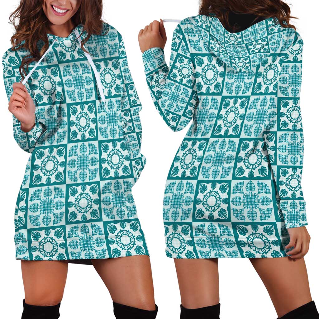 Cyan Palaka Quilt Hawaii Hoodie Dress Hawaiian Tropical Monstera Sea Turtle LT14 - Polynesian Pride