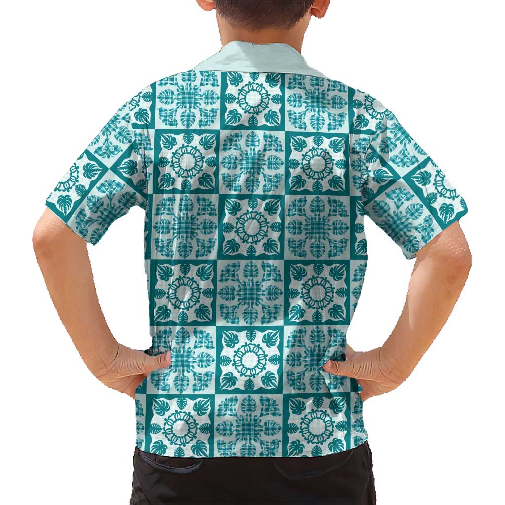 Cyan Palaka Quilt Hawaii Kid Hawaiian Shirt Hawaiian Tropical Monstera Sea Turtle