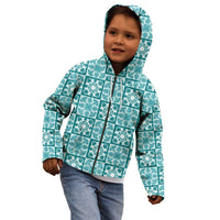 Cyan Palaka Quilt Hawaii Kid Hoodie Hawaiian Tropical Monstera Sea Turtle