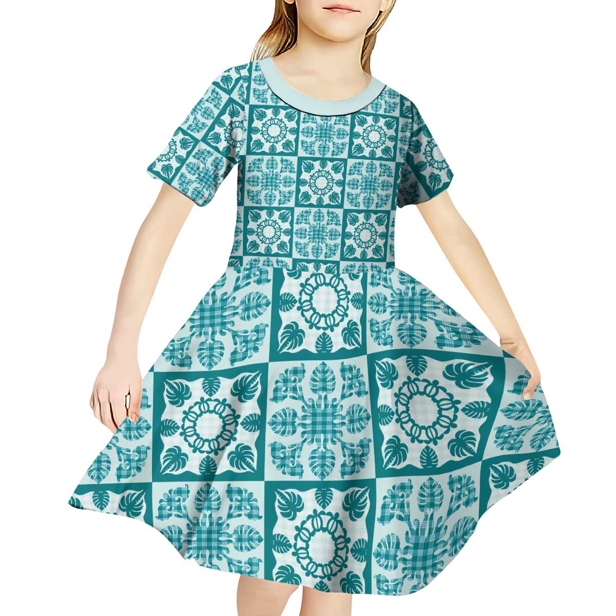 Cyan Palaka Quilt Hawaii Kid Short Sleeve Dress Hawaiian Tropical Monstera Sea Turtle LT14 - Polynesian Pride