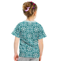 Cyan Palaka Quilt Hawaii Kid T Shirt Hawaiian Tropical Monstera Sea Turtle