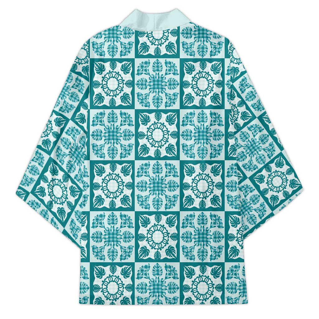 Cyan Palaka Quilt Hawaii Kimono Hawaiian Tropical Monstera Sea Turtle LT14 - Polynesian Pride
