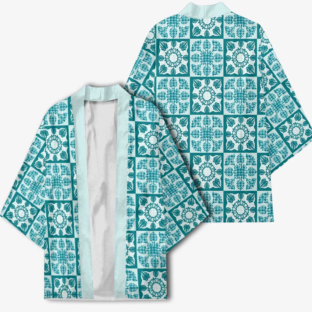 Cyan Palaka Quilt Hawaii Kimono Hawaiian Tropical Monstera Sea Turtle LT14 - Polynesian Pride