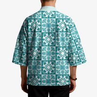 Cyan Palaka Quilt Hawaii Kimono Hawaiian Tropical Monstera Sea Turtle LT14 - Polynesian Pride