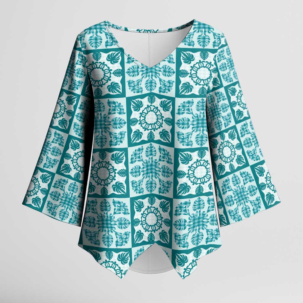 Cyan Palaka Quilt Hawaii Kimono Sleeve Blouse Hawaiian Tropical Monstera Sea Turtle