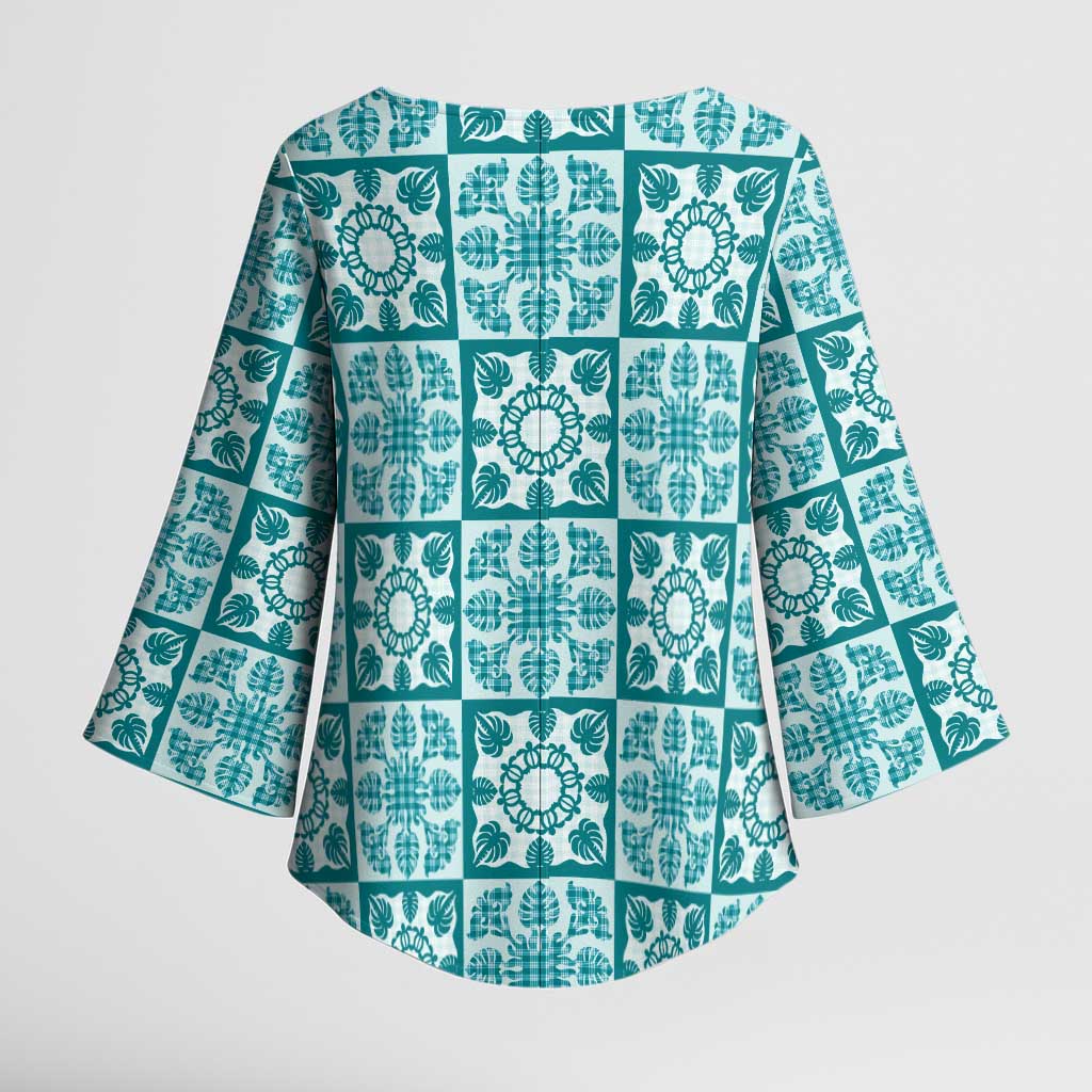 Cyan Palaka Quilt Hawaii Kimono Sleeve Blouse Hawaiian Tropical Monstera Sea Turtle