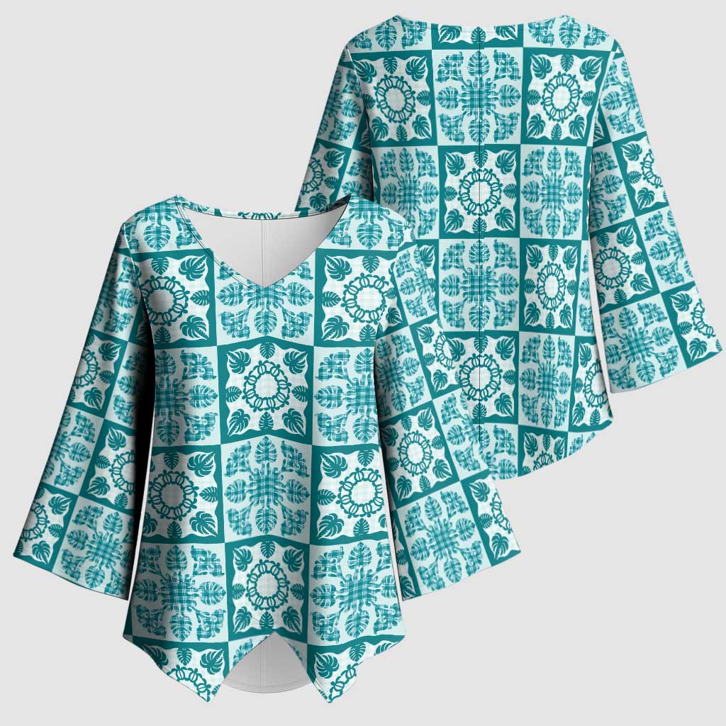 Cyan Palaka Quilt Hawaii Kimono Sleeve Blouse Hawaiian Tropical Monstera Sea Turtle