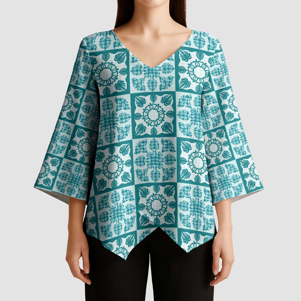 Cyan Palaka Quilt Hawaii Kimono Sleeve Blouse Hawaiian Tropical Monstera Sea Turtle