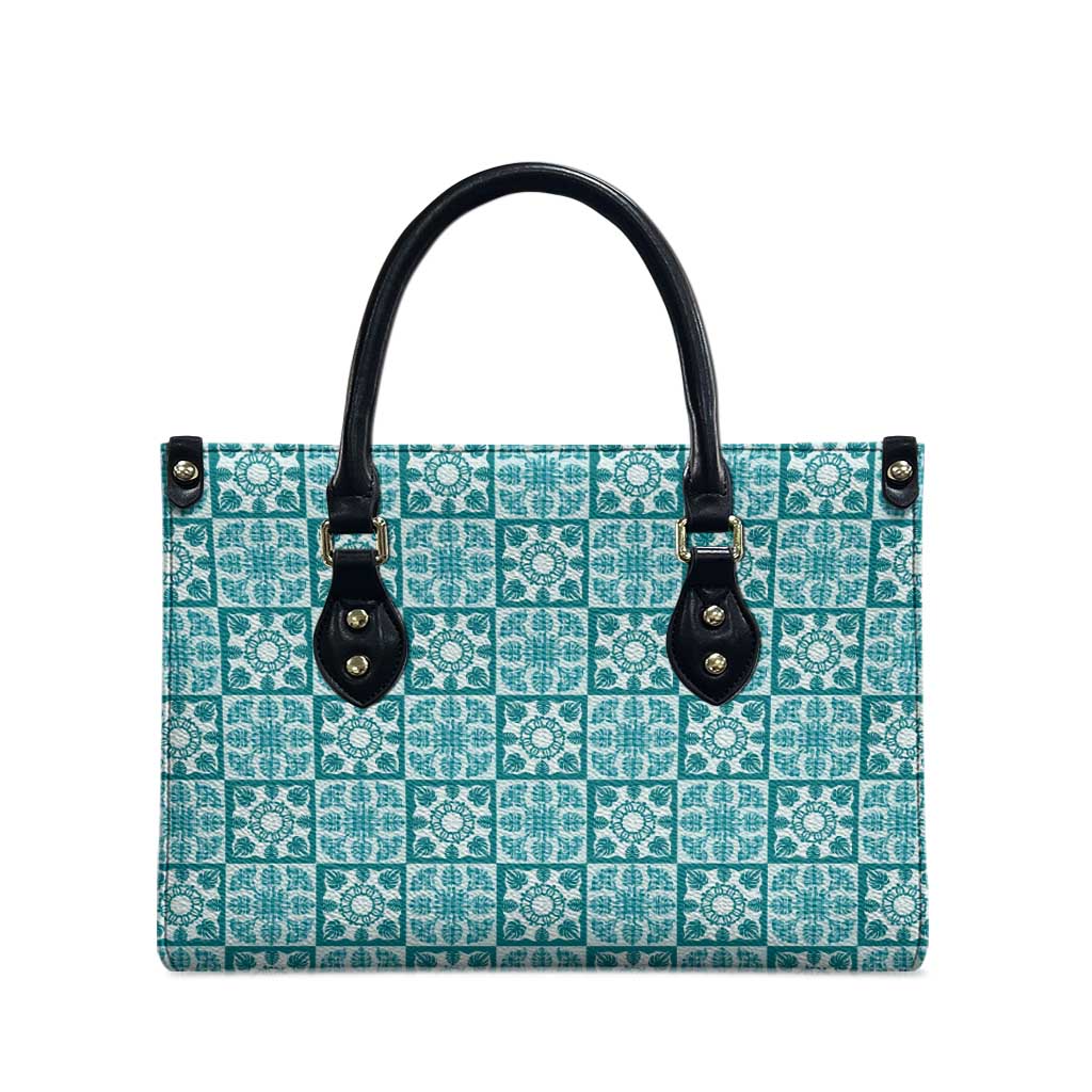 Cyan Palaka Quilt Hawaii Leather Bag Hawaiian Tropical Monstera Sea Turtle
