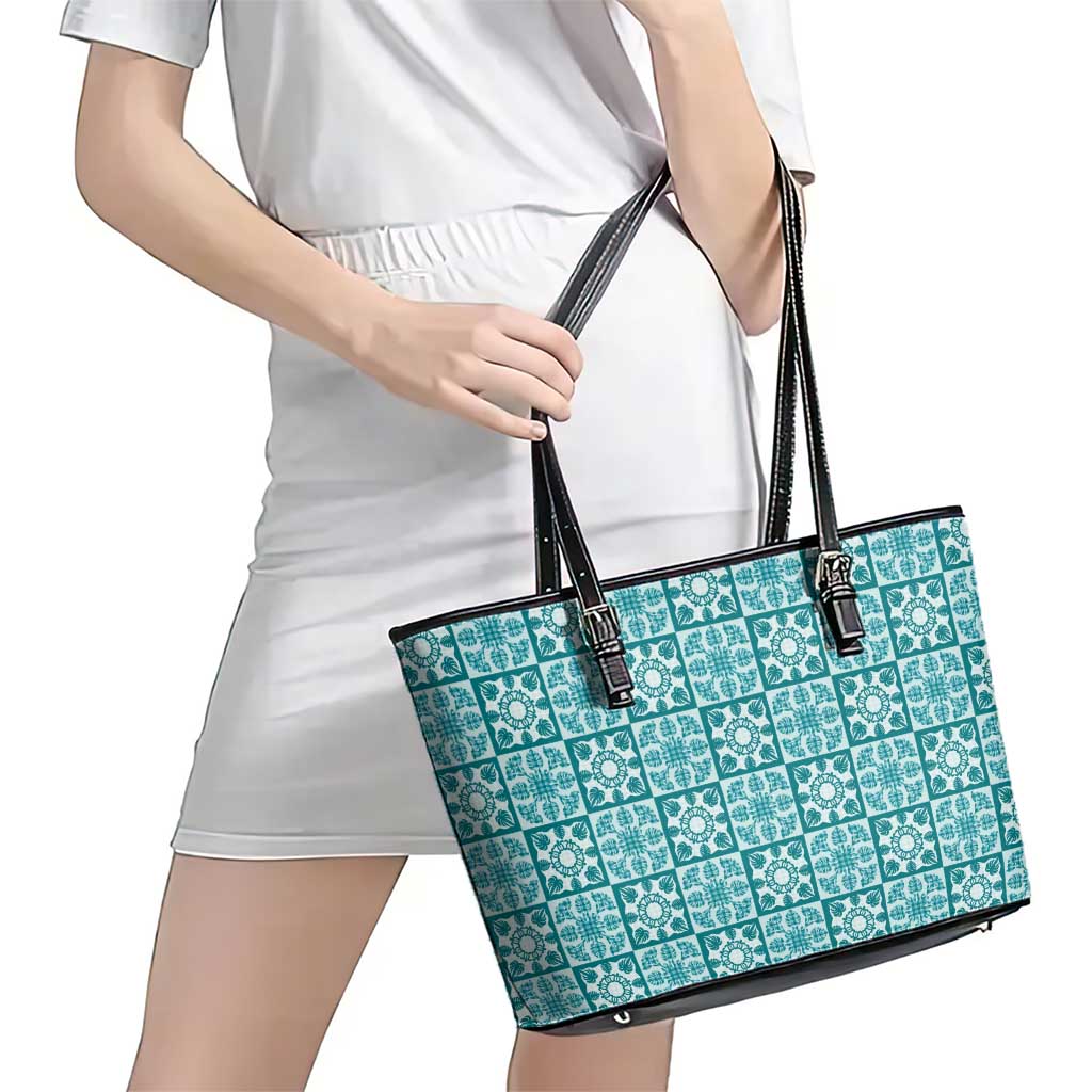 Cyan Palaka Quilt Hawaii Leather Tote Bag Hawaiian Tropical Monstera Sea Turtle