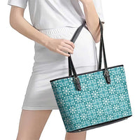 Cyan Palaka Quilt Hawaii Leather Tote Bag Hawaiian Tropical Monstera Sea Turtle