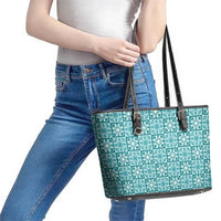 Cyan Palaka Quilt Hawaii Leather Tote Bag Hawaiian Tropical Monstera Sea Turtle