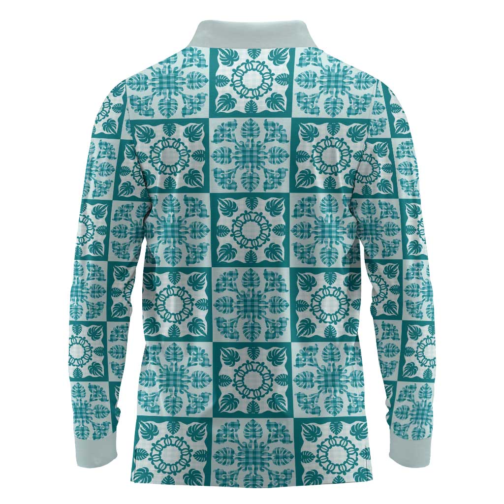 Cyan Palaka Quilt Hawaii Long Sleeve Polo Shirt Hawaiian Tropical Monstera Sea Turtle LT14 - Polynesian Pride