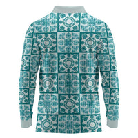 Cyan Palaka Quilt Hawaii Long Sleeve Polo Shirt Hawaiian Tropical Monstera Sea Turtle LT14 - Polynesian Pride