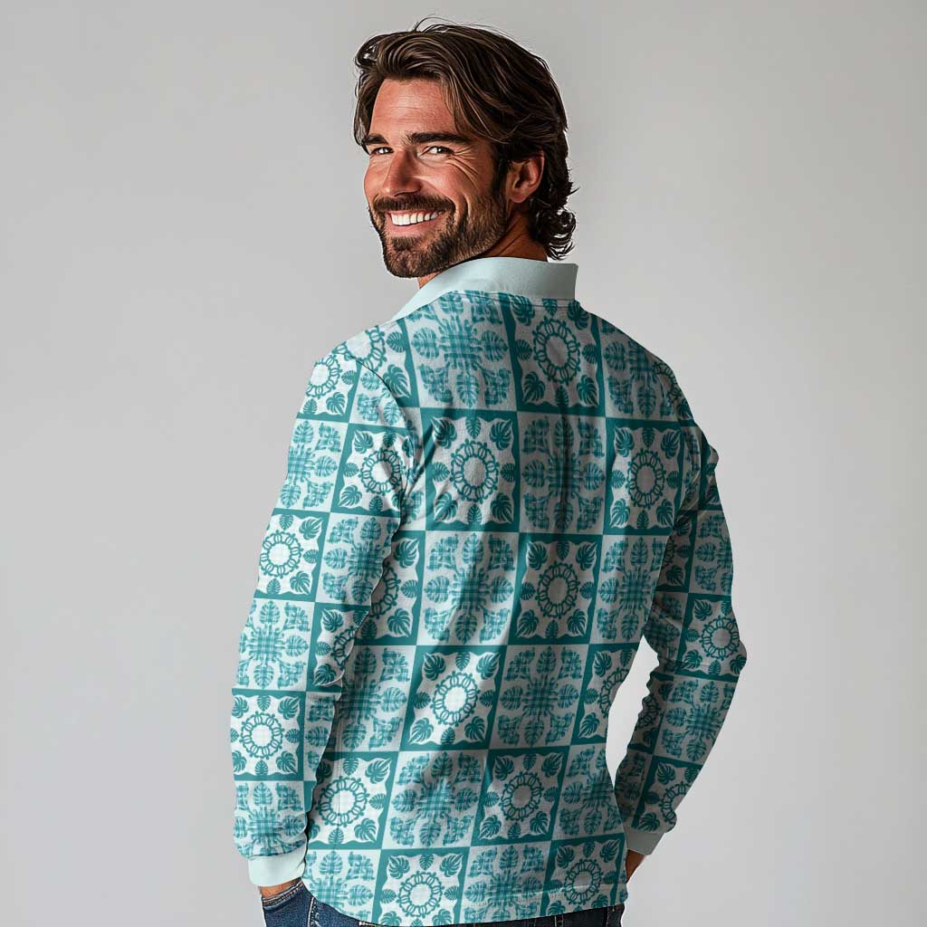 Cyan Palaka Quilt Hawaii Long Sleeve Polo Shirt Hawaiian Tropical Monstera Sea Turtle LT14 - Polynesian Pride