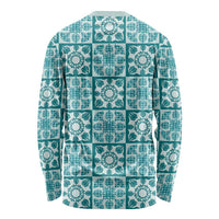 Cyan Palaka Quilt Hawaii Long Sleeve Shirt Hawaiian Tropical Monstera Sea Turtle