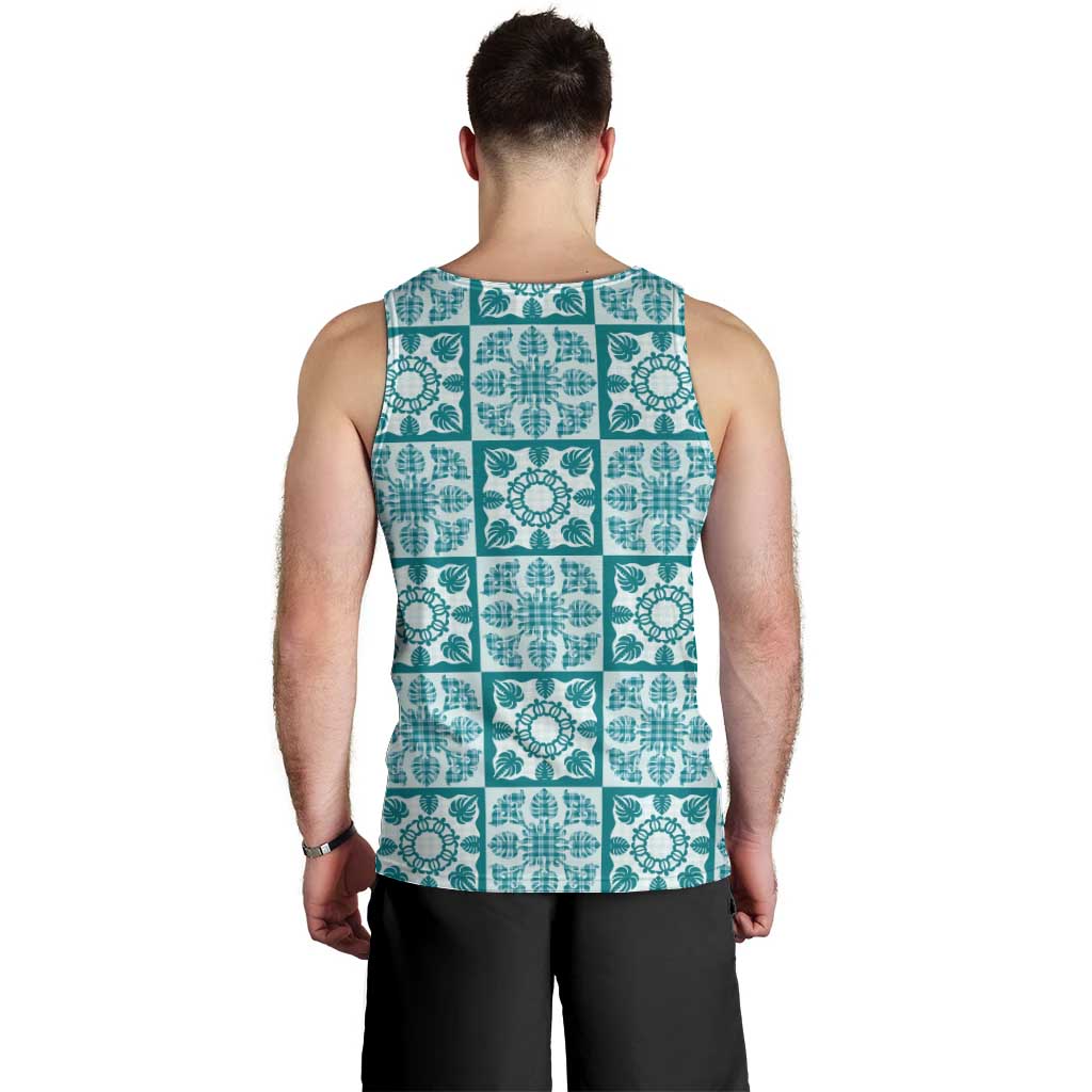 Cyan Palaka Quilt Hawaii Men Tank Top Hawaiian Tropical Monstera Sea Turtle