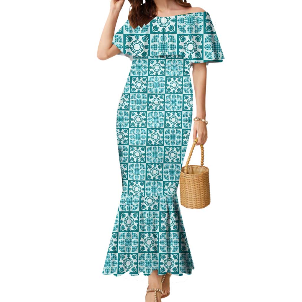 Cyan Palaka Quilt Hawaii Mermaid Dress Hawaiian Tropical Monstera Sea Turtle LT14 Women Cyan - Polynesian Pride