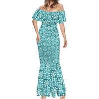 Cyan Palaka Quilt Hawaii Mermaid Dress Hawaiian Tropical Monstera Sea Turtle LT14 - Polynesian Pride
