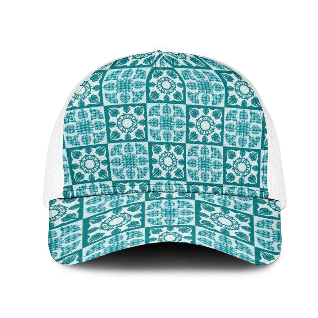 Cyan Palaka Quilt Hawaii Mesh Trucker Cap Hawaiian Tropical Monstera Sea Turtle