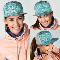 Cyan Palaka Quilt Hawaii Mesh Trucker Cap Hawaiian Tropical Monstera Sea Turtle
