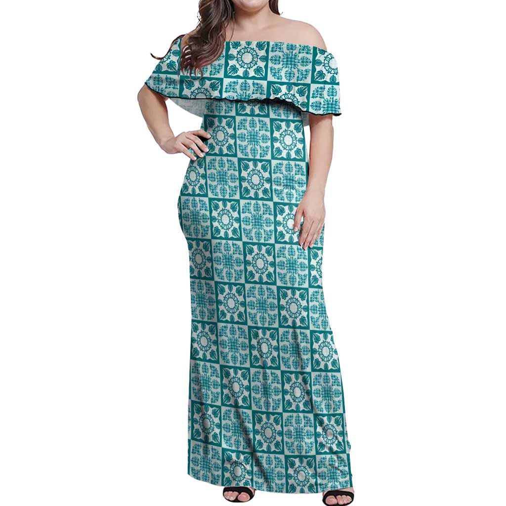 Cyan Palaka Quilt Hawaii Off Shoulder Maxi Dress Hawaiian Tropical Monstera Sea Turtle