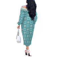Cyan Palaka Quilt Hawaii Off The Shoulder Long Sleeve Dress Hawaiian Tropical Monstera Sea Turtle LT14 - Polynesian Pride