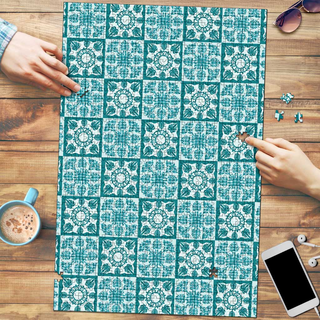 Cyan Palaka Quilt Hawaii Puzzle Hawaiian Tropical Monstera Sea Turtle LT14 Cyan - Polynesian Pride