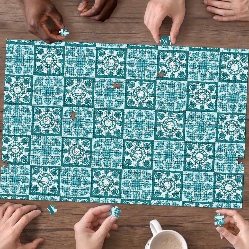 Cyan Palaka Quilt Hawaii Puzzle Hawaiian Tropical Monstera Sea Turtle LT14 - Polynesian Pride