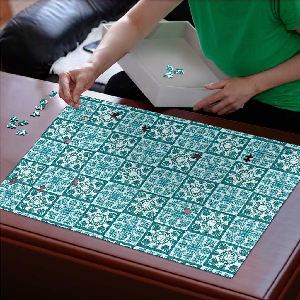 Cyan Palaka Quilt Hawaii Puzzle Hawaiian Tropical Monstera Sea Turtle LT14 - Polynesian Pride