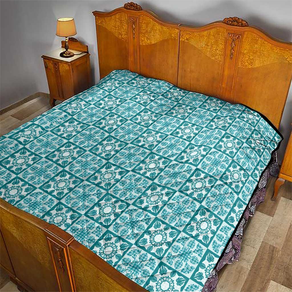 Cyan Palaka Quilt Hawaii Quilt Hawaiian Tropical Monstera Sea Turtle