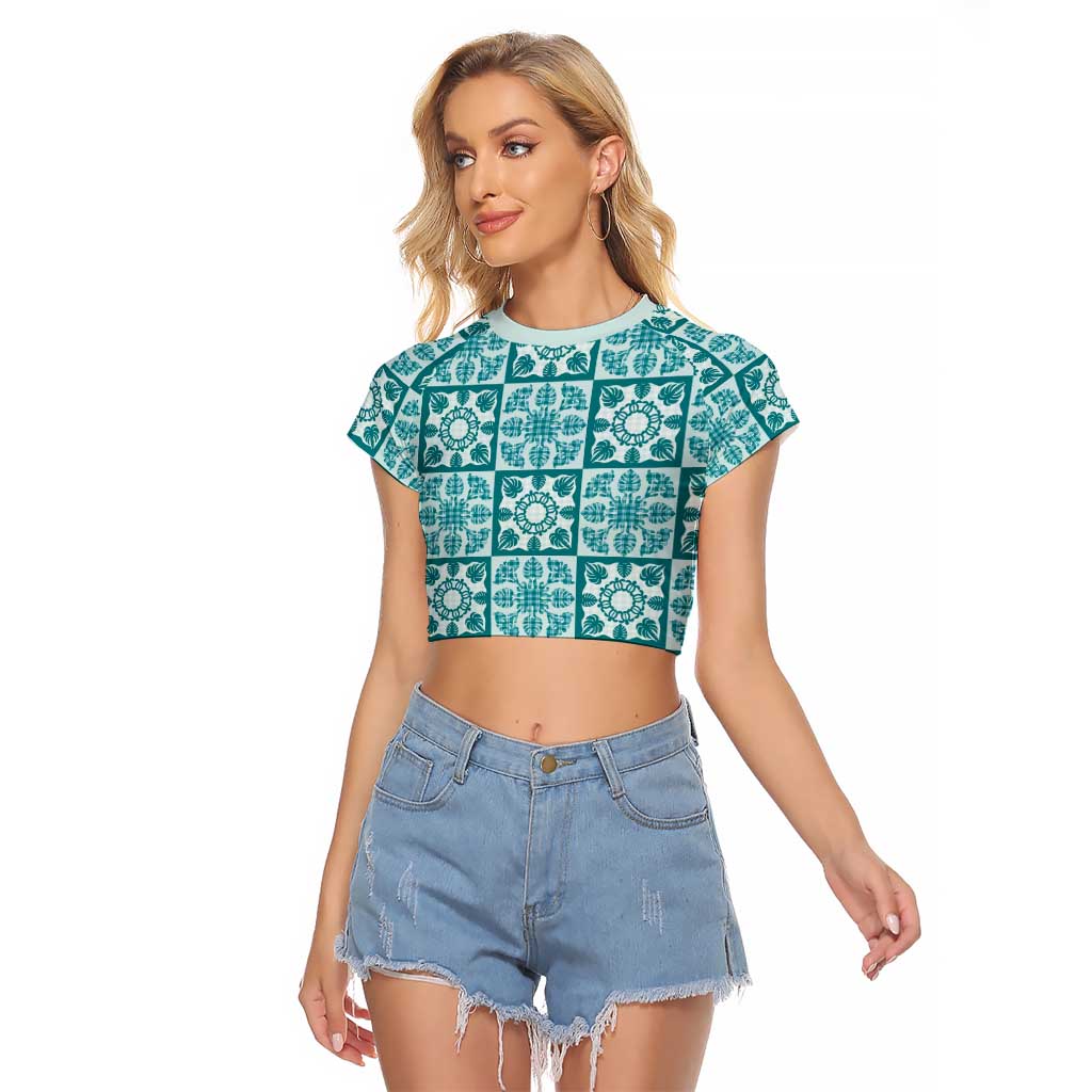 Cyan Palaka Quilt Hawaii Raglan Cropped T Shirt Hawaiian Tropical Monstera Sea Turtle