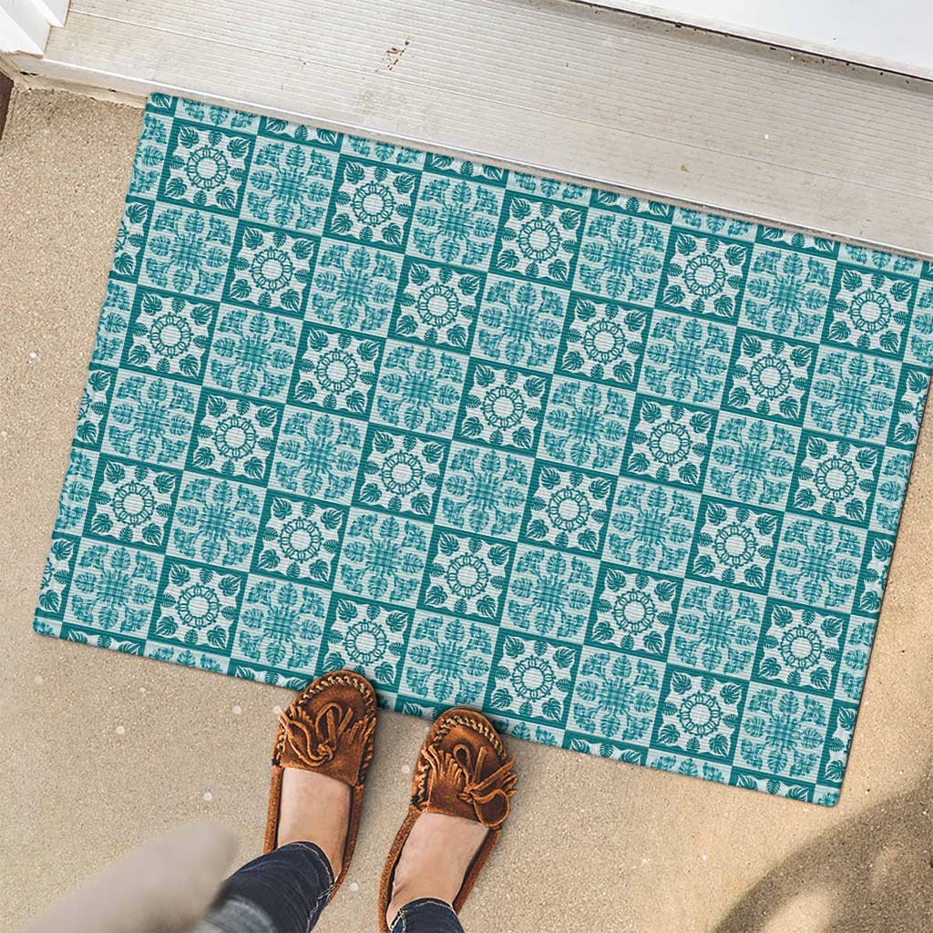 Cyan Palaka Quilt Hawaii Rubber Doormat Hawaiian Tropical Monstera Sea Turtle