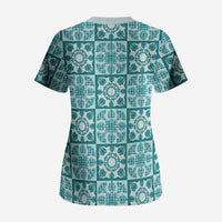 Cyan Palaka Quilt Hawaii Scrub Top Hawaiian Tropical Monstera Sea Turtle