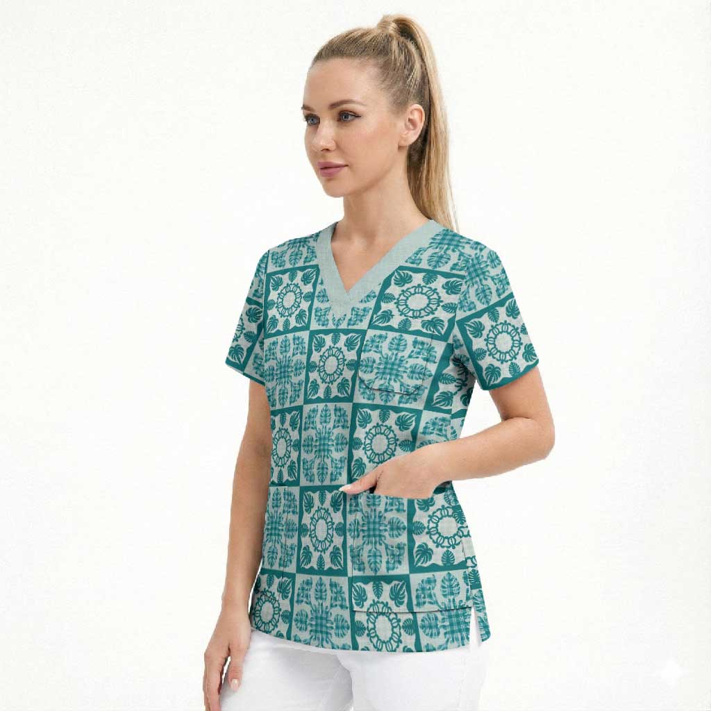 Cyan Palaka Quilt Hawaii Scrub Top Hawaiian Tropical Monstera Sea Turtle