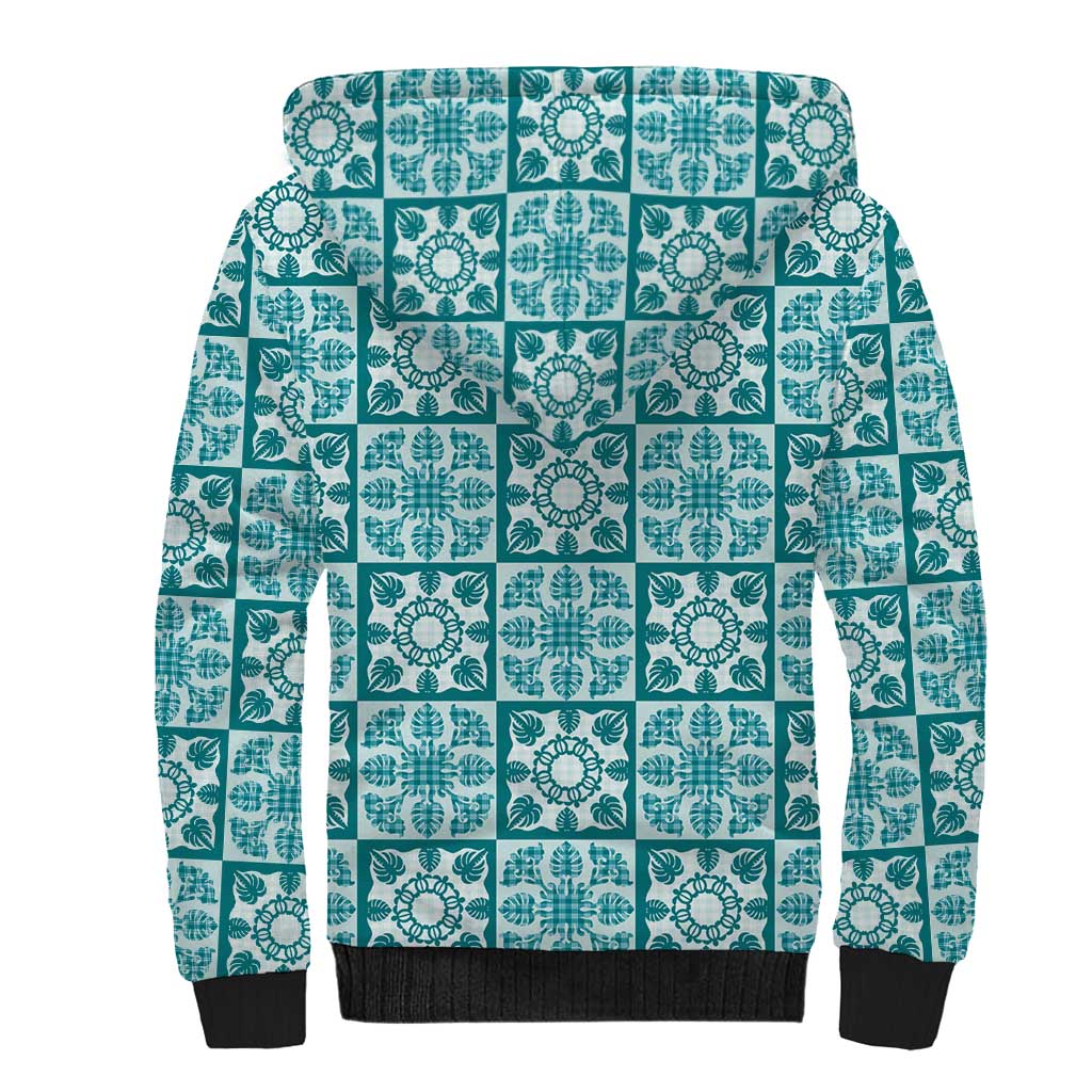Cyan Palaka Quilt Hawaii Sherpa Hoodie Hawaiian Tropical Monstera Sea Turtle LT14 - Polynesian Pride