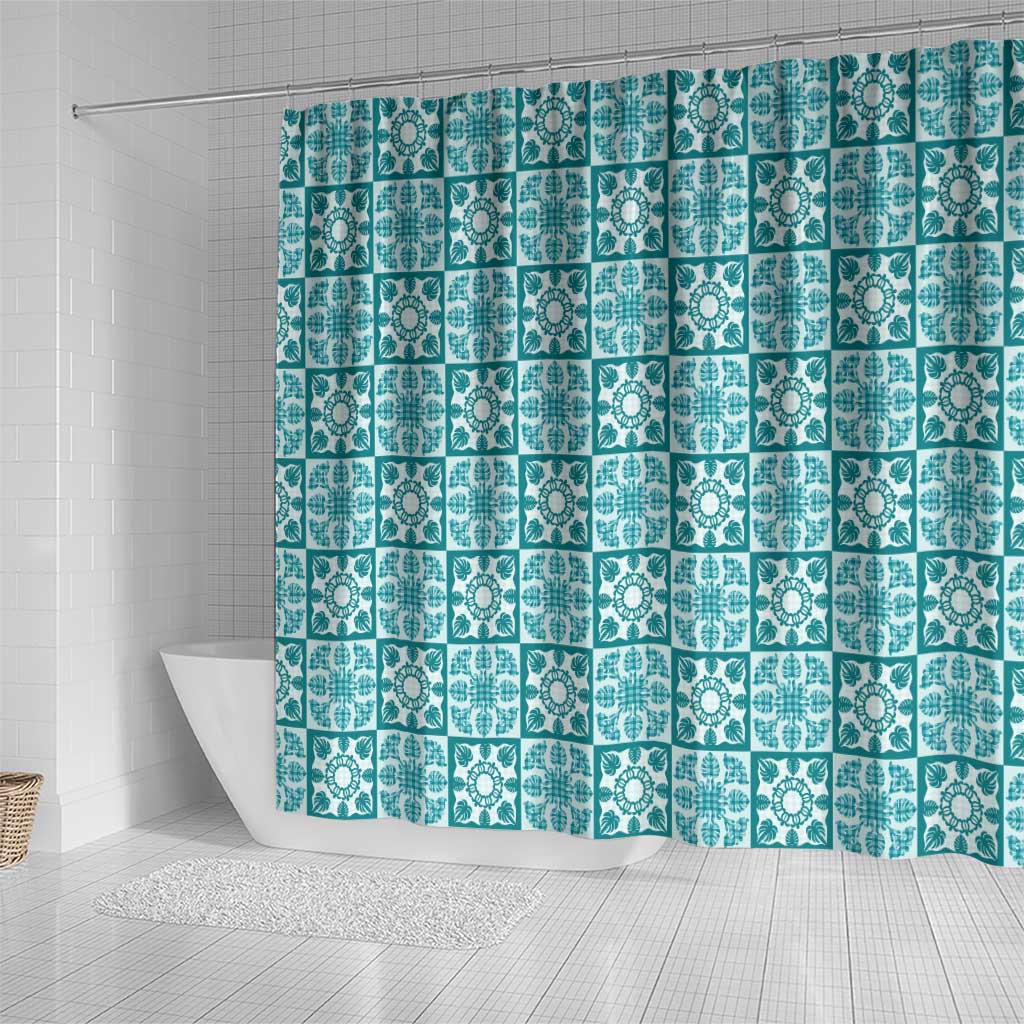 Cyan Palaka Quilt Hawaii Shower Curtain Hawaiian Tropical Monstera Sea Turtle