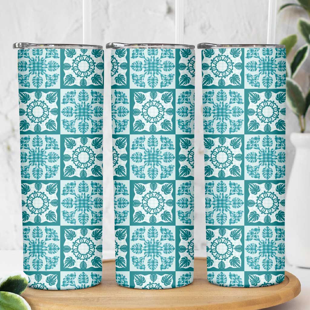Cyan Palaka Quilt Hawaii Skinny Tumbler Hawaiian Tropical Monstera Sea Turtle LT14 - Polynesian Pride
