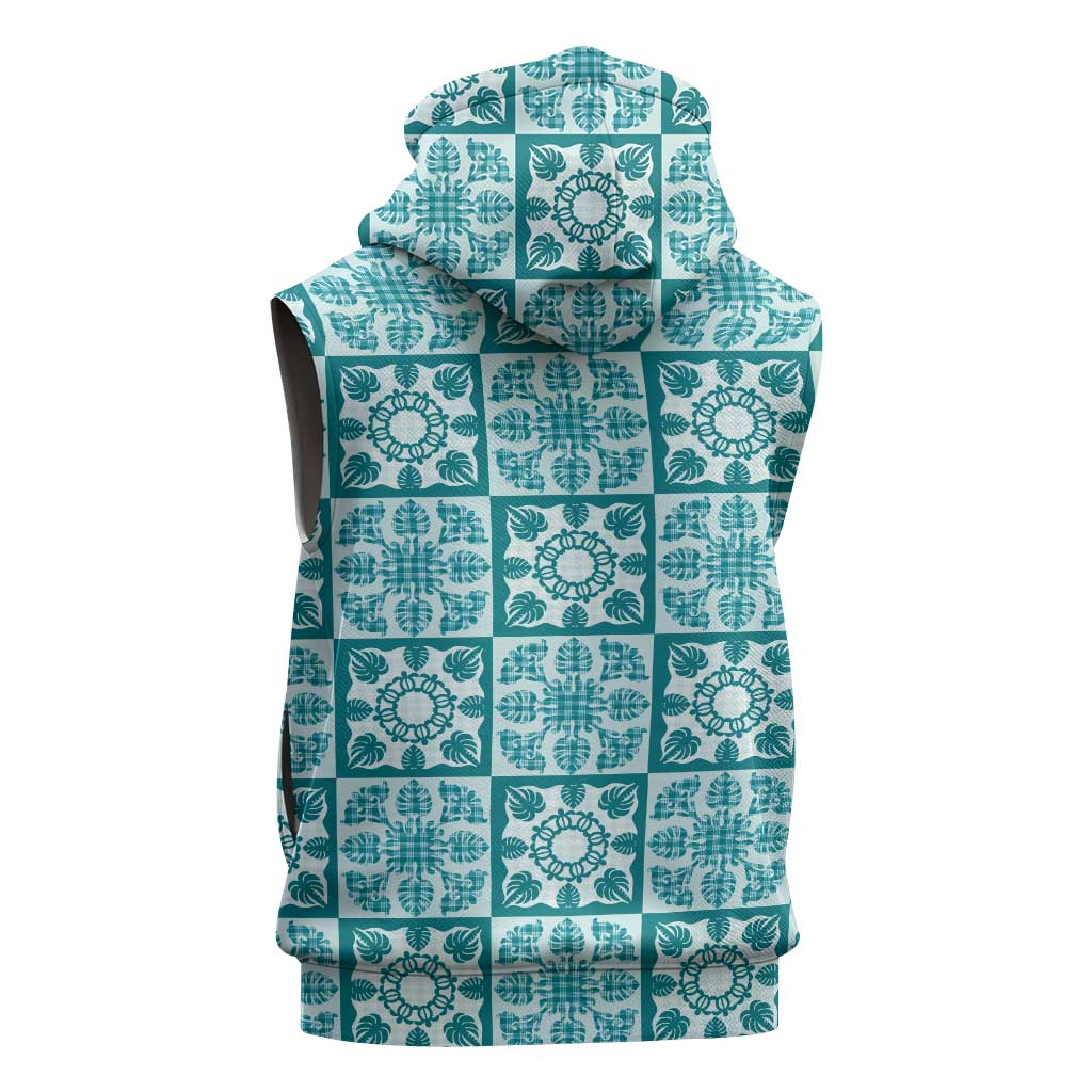 Cyan Palaka Quilt Hawaii Sleeveless Hoodie Hawaiian Tropical Monstera Sea Turtle LT14 - Polynesian Pride