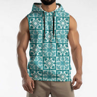 Cyan Palaka Quilt Hawaii Sleeveless Hoodie Hawaiian Tropical Monstera Sea Turtle LT14 - Polynesian Pride
