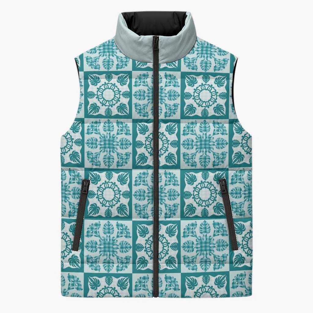 Cyan Palaka Quilt Hawaii Sleeveless Puffer Jacket Hawaiian Tropical Monstera Sea Turtle LT14 Unisex Cyan - Polynesian Pride