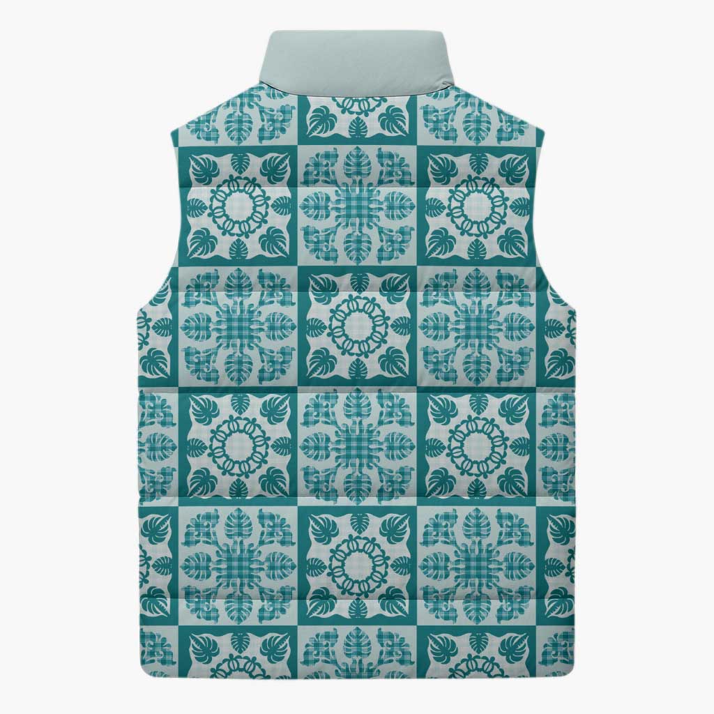 Cyan Palaka Quilt Hawaii Sleeveless Puffer Jacket Hawaiian Tropical Monstera Sea Turtle LT14 - Polynesian Pride
