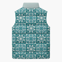 Cyan Palaka Quilt Hawaii Sleeveless Puffer Jacket Hawaiian Tropical Monstera Sea Turtle LT14 - Polynesian Pride